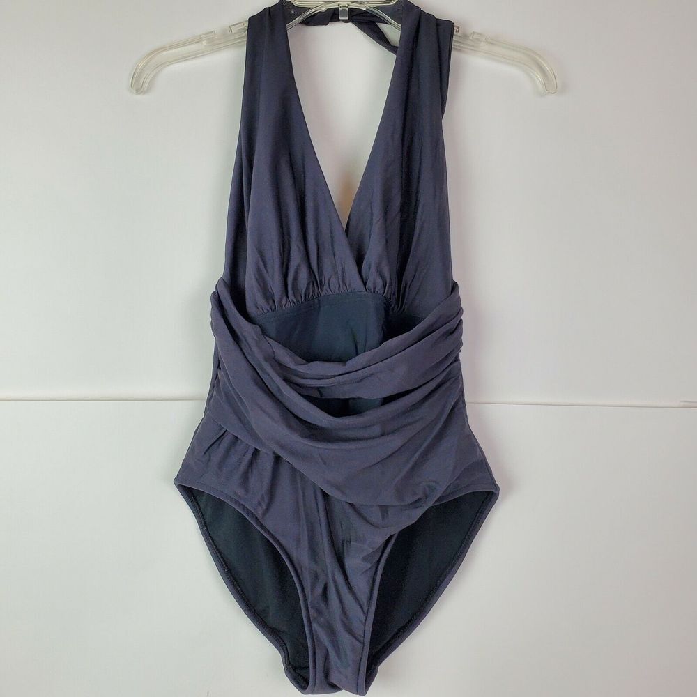 Newport News Women's One-Piece Halter Swimsuit Size 10 Plunge Stretch Black
